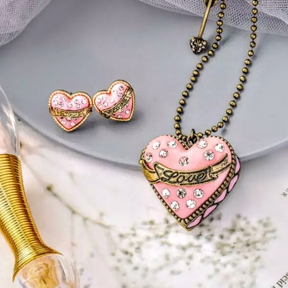 NWOT-Rhinestone,Locket Pink Heart Necklace/Earring - Picture 3 of 5